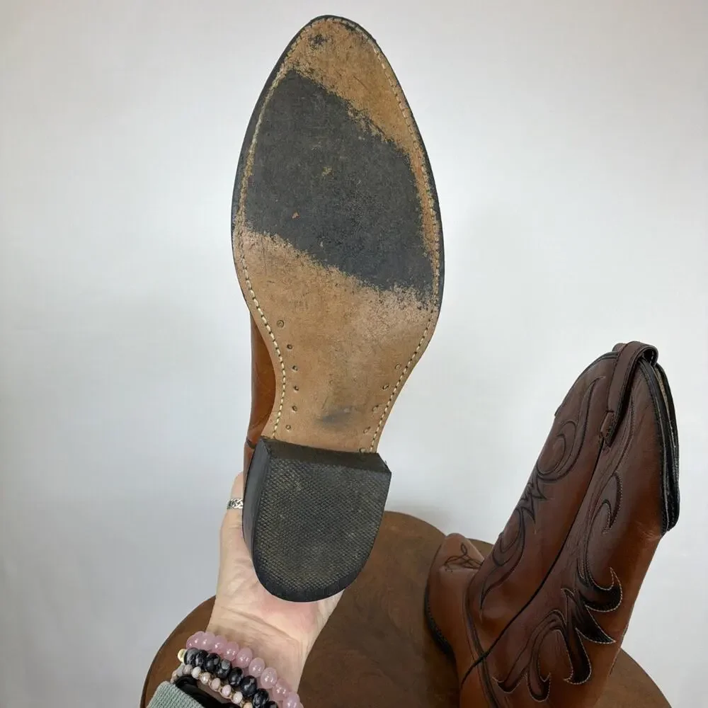 Vintage 80s Acme Brown Western Cowboy Boots Men 10E Black Stitching